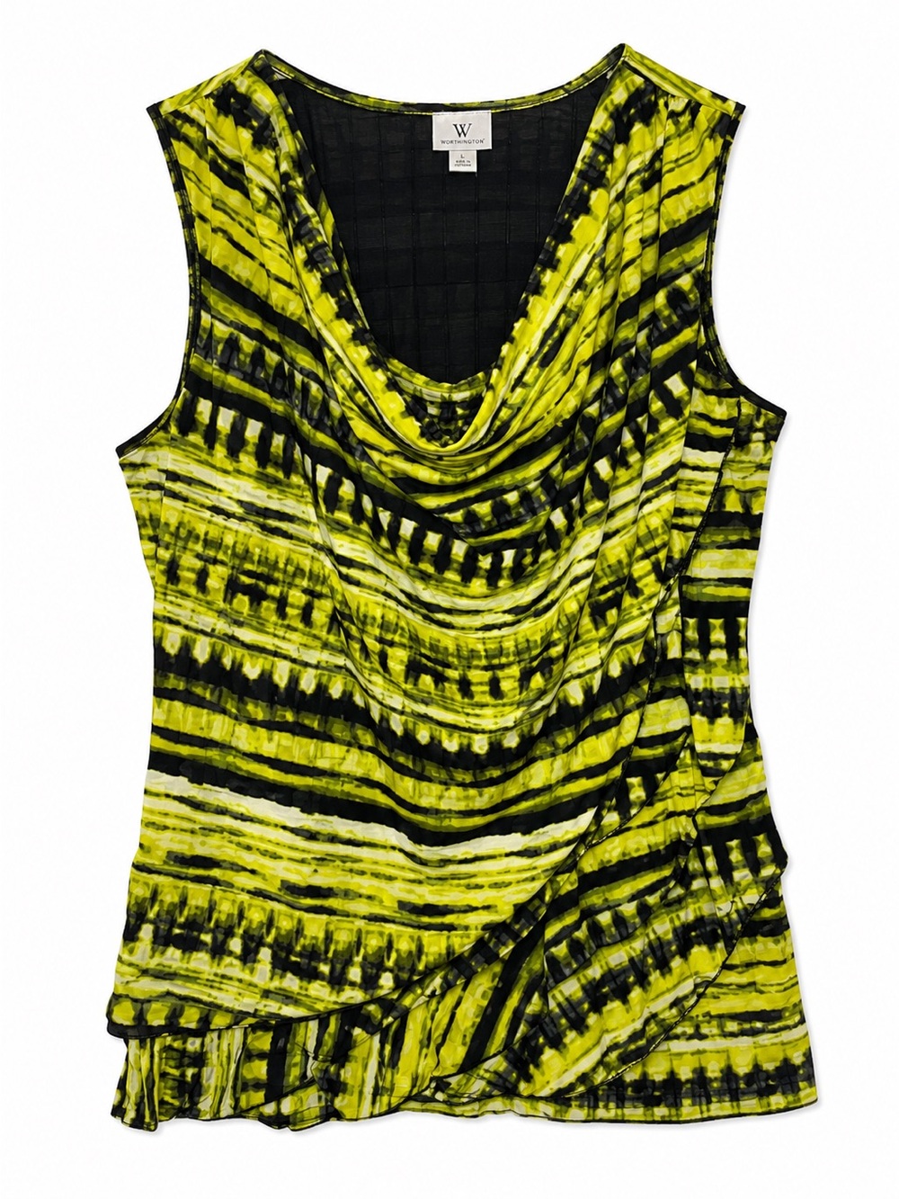 Worthington Size L Green Black Abstract Print Ruched Cowl Neck Sleeveless Top